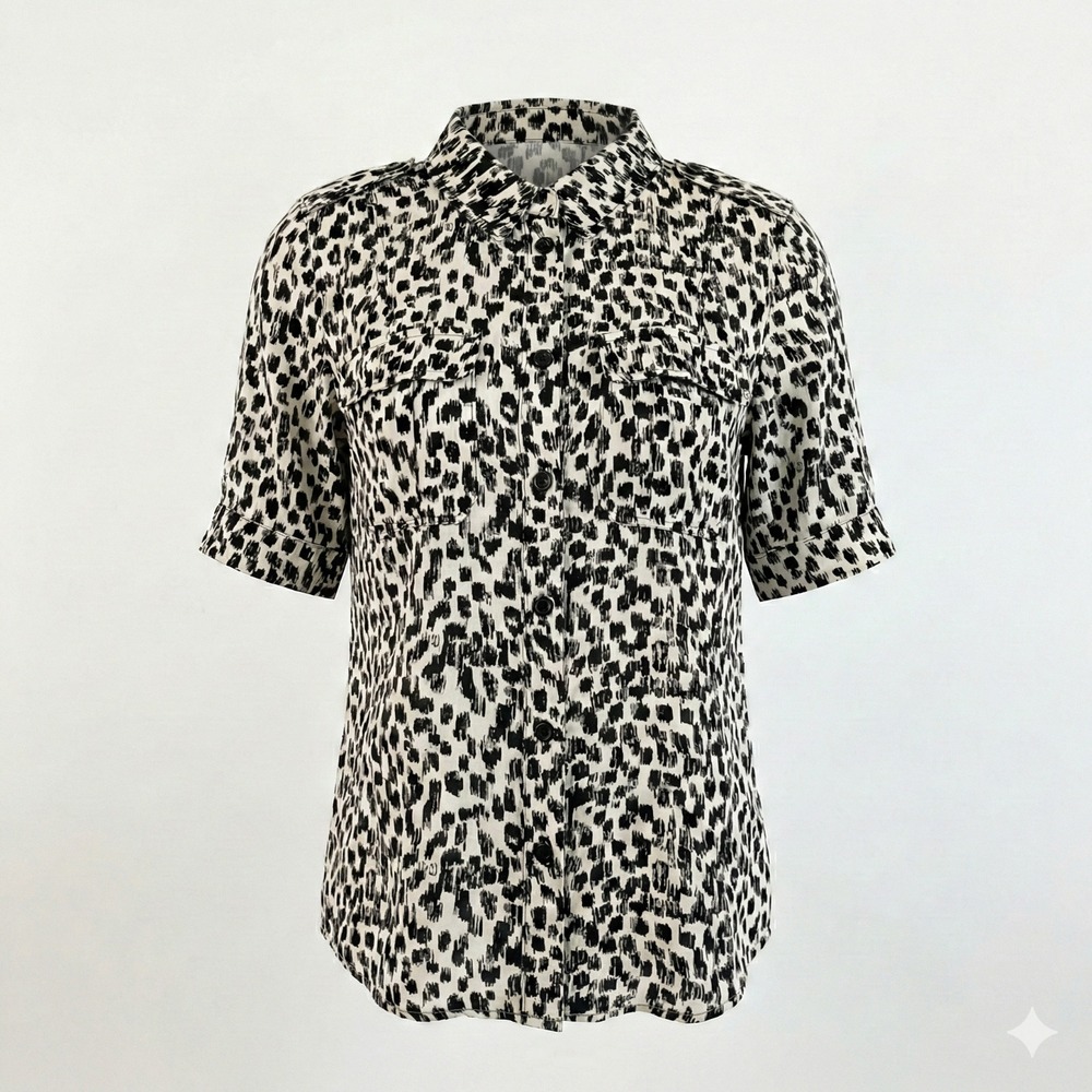 Burberry Brit Blouse 6‎ Peplum Button Down Abstract Leopard Animal Print Utility